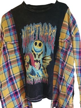 NBC Nightmare Before Christmas Black Graphic Tee with Yellow Plaid Shirt Layer